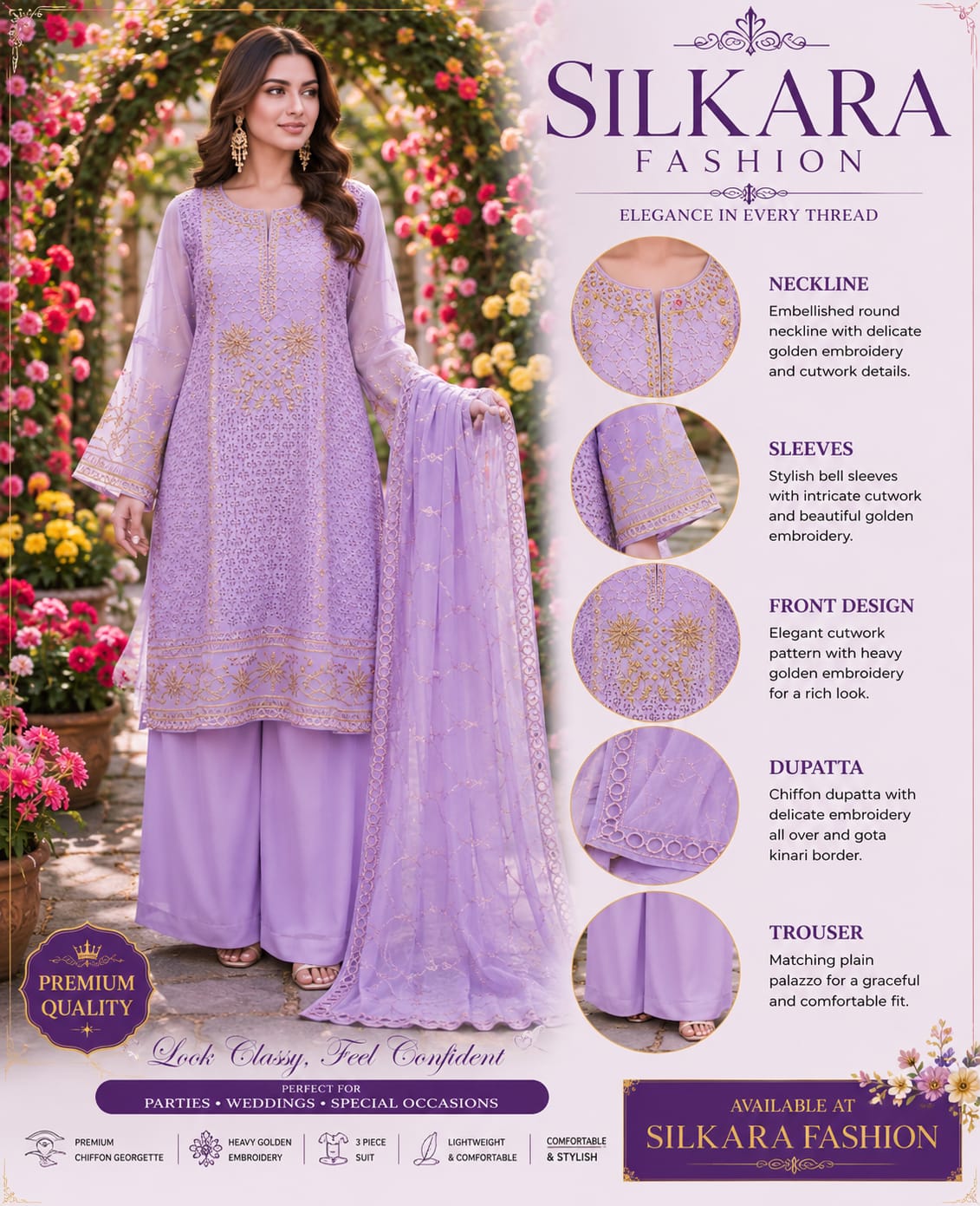 Embroidered Organza 3-Piece Suit
