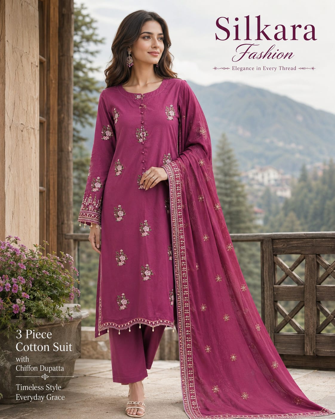 Fine Embroidered Cotton Suit with Chiffon Dupatta