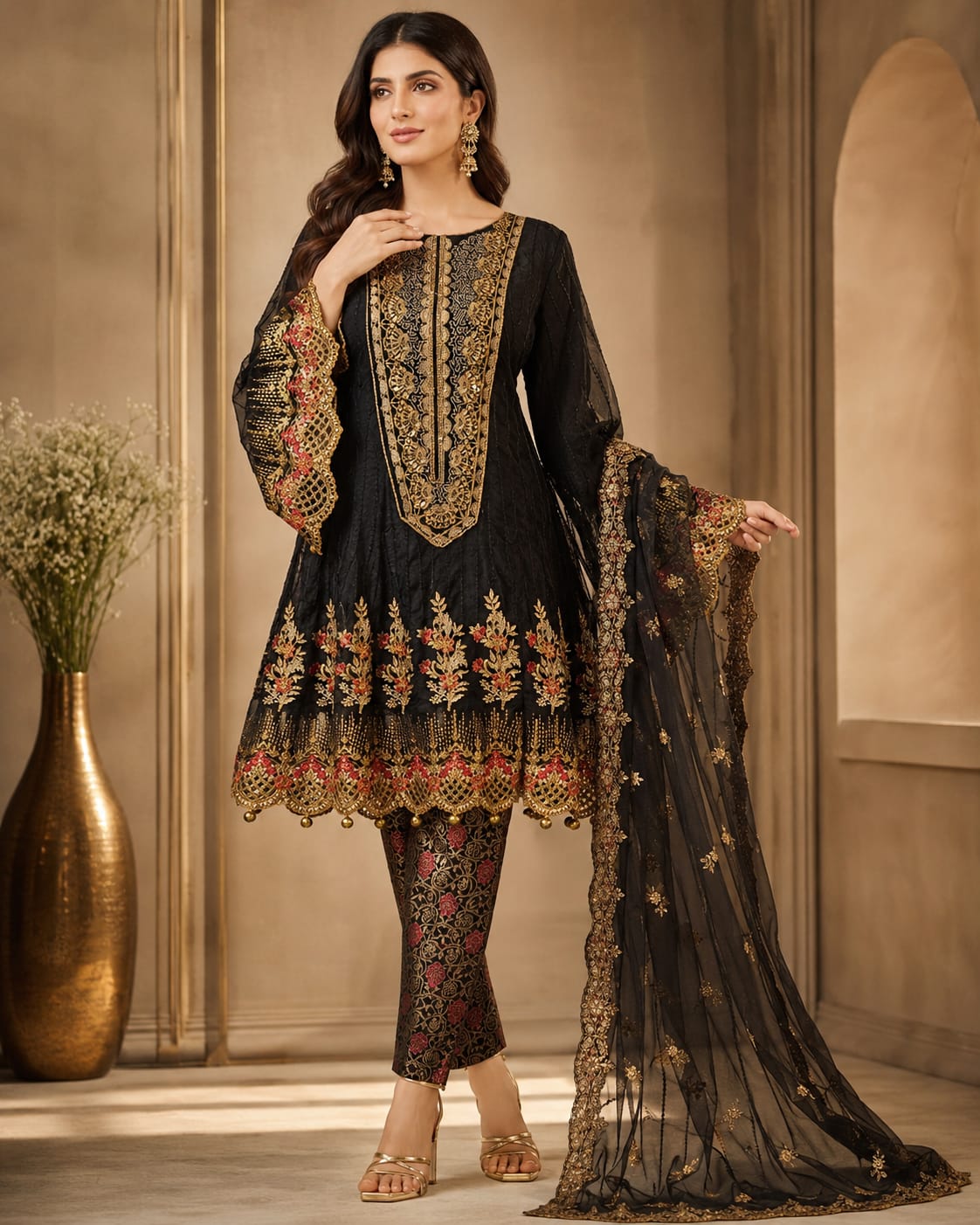Midnight Black & Gold Anarkali Ensemble