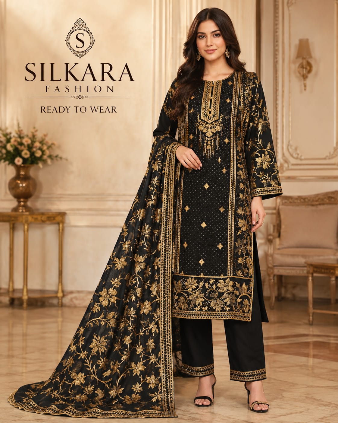 Golden Embroidered Luxury Chiffon Suit