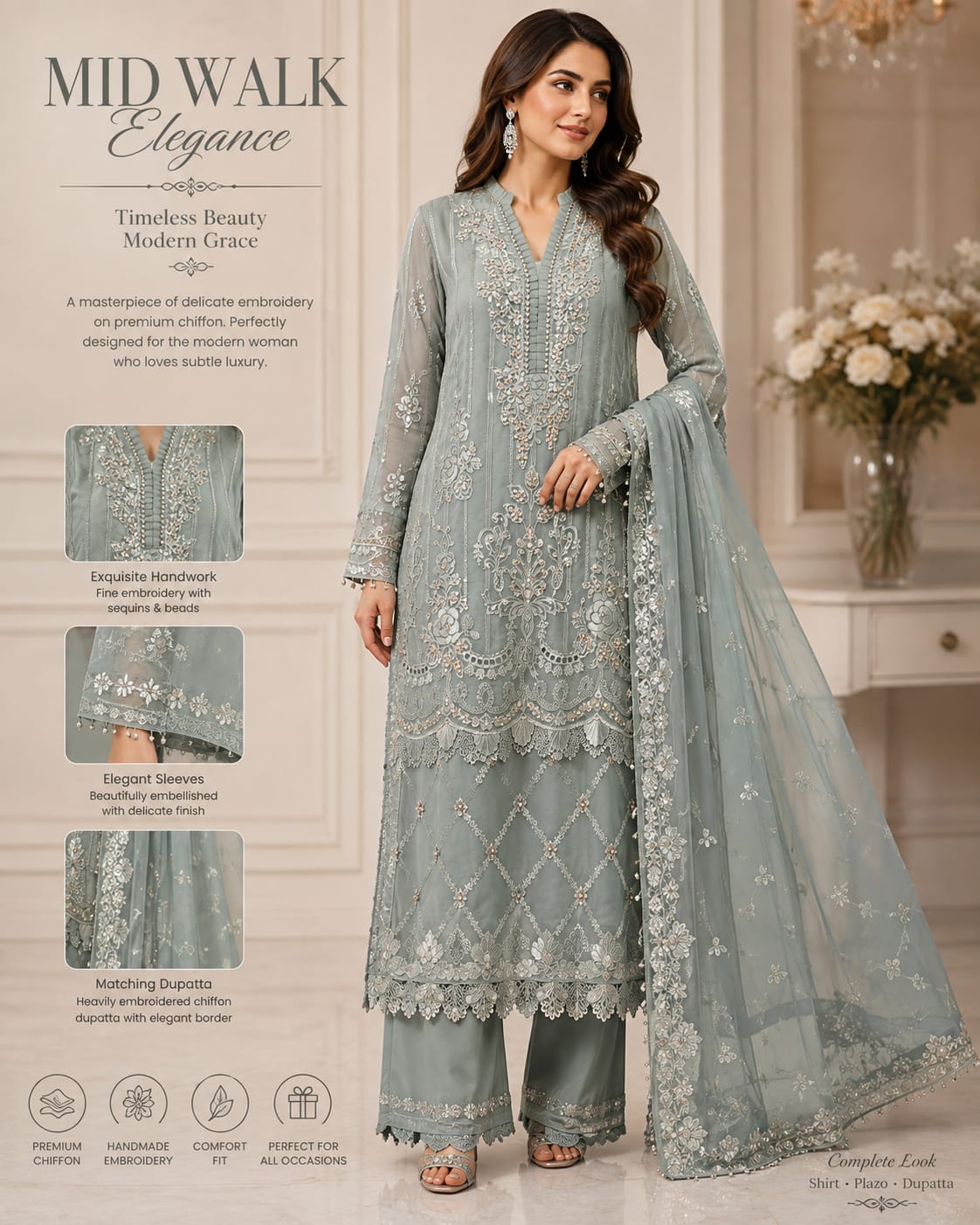 Embroidered Organza Tunic & Palazzo Set