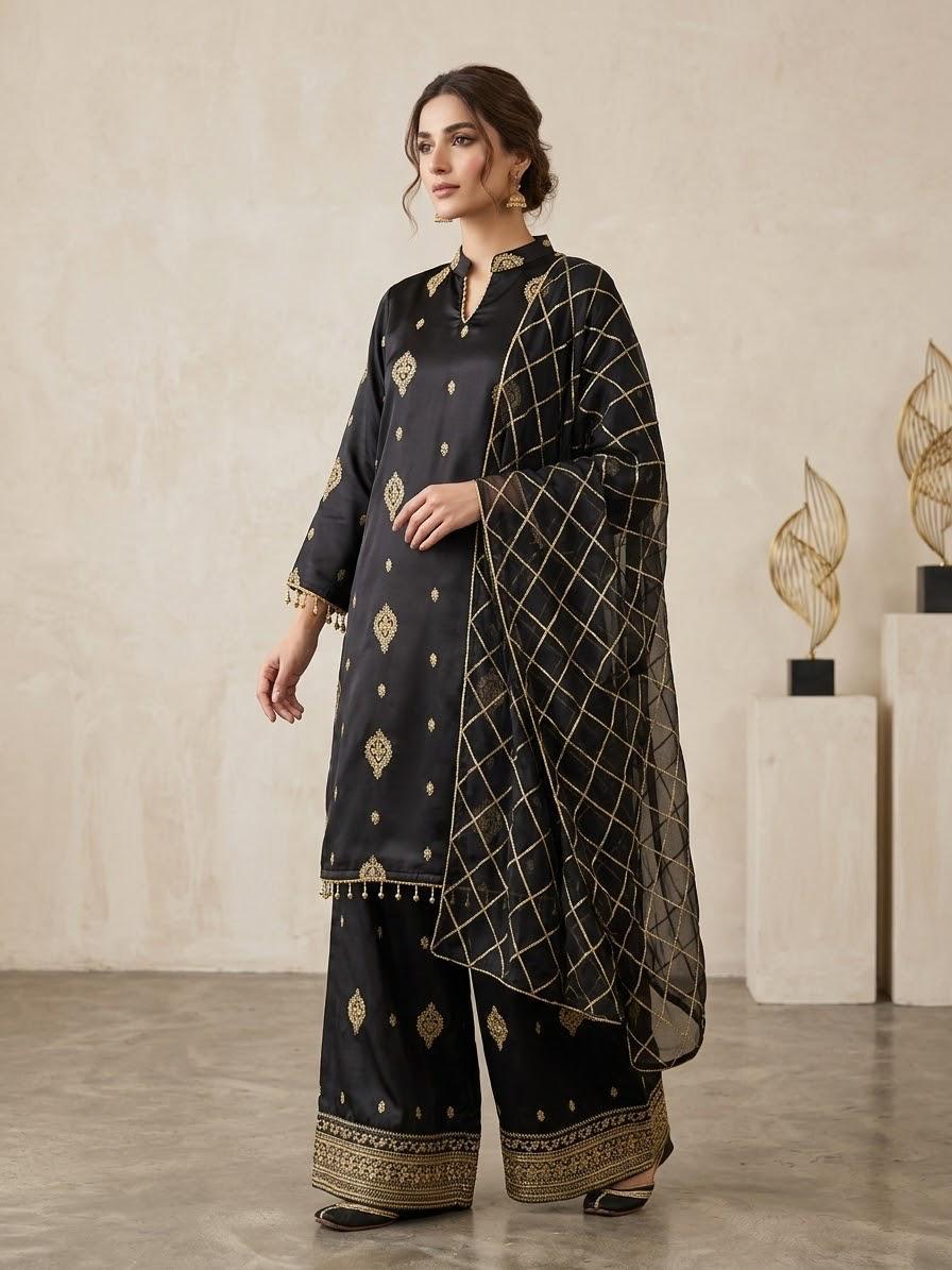 Gilded Neckline Palazzo & Dupatta Ensemble