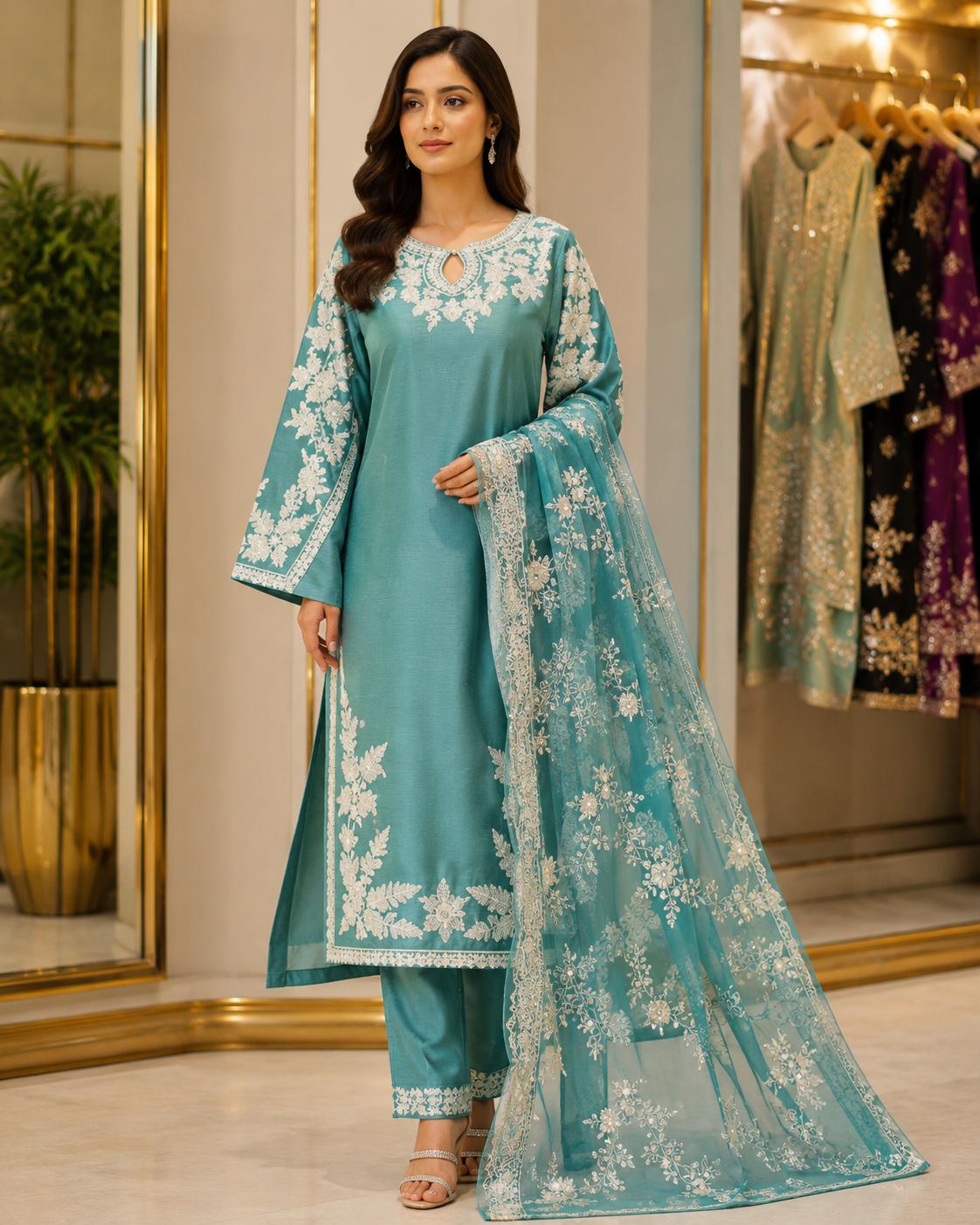 Heavy Embroidered Shisha Silk Palazzo Set