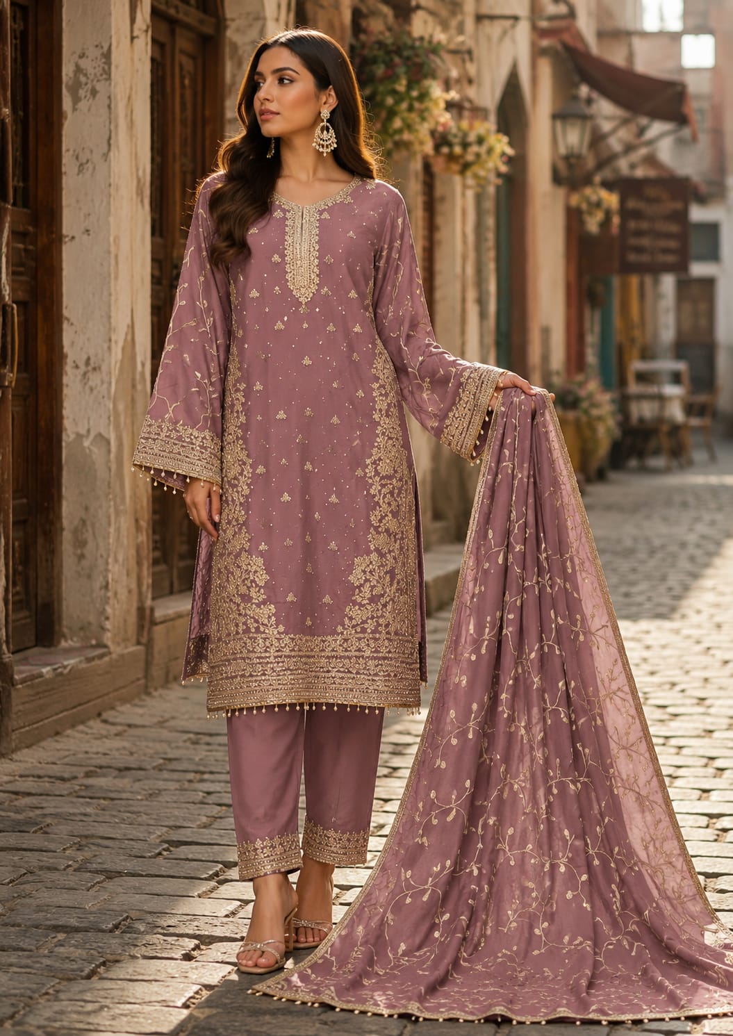 Tea Pink Gilded Embroidery Festive Suit