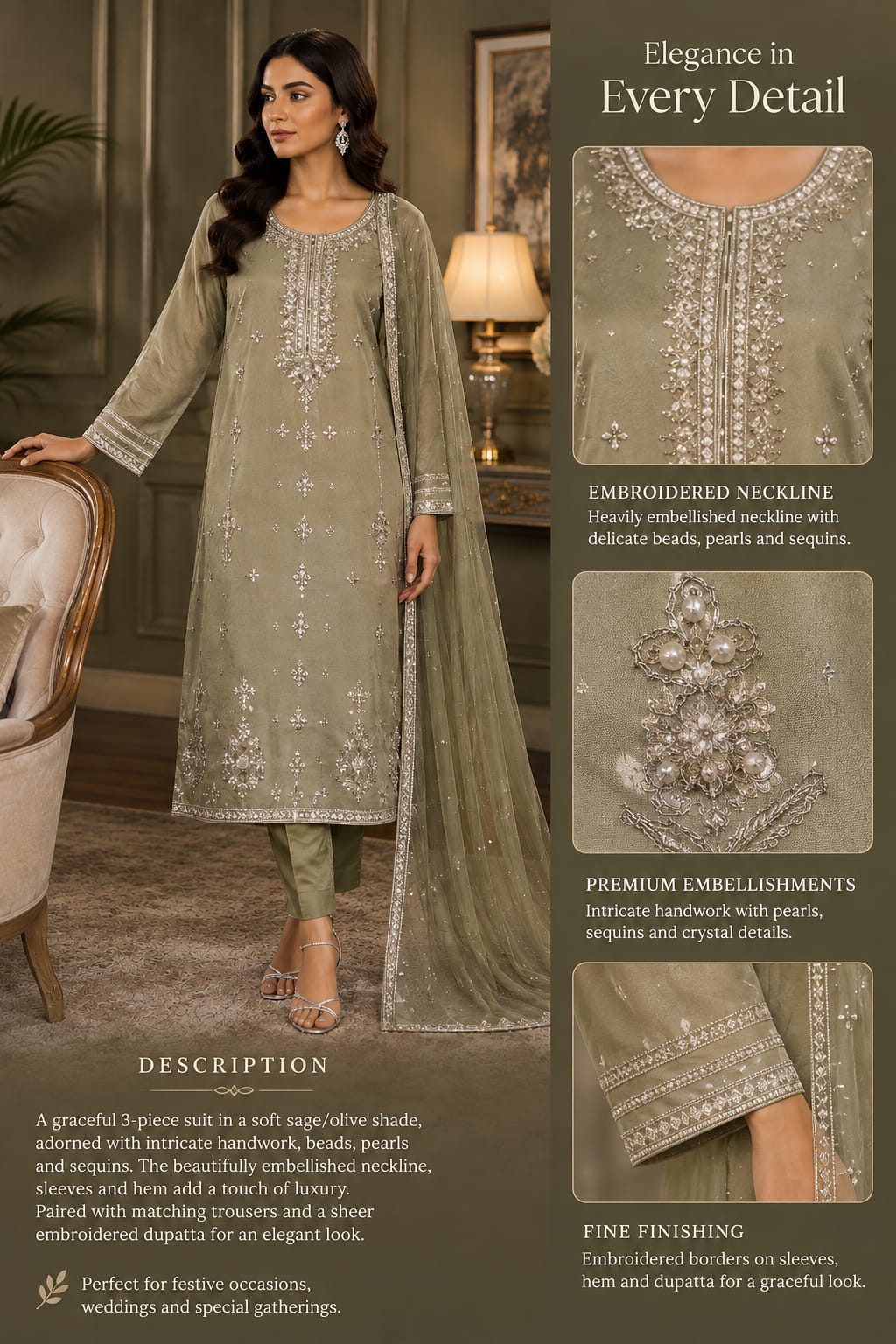 Silver Filigree Embellished 3-Piece Suit