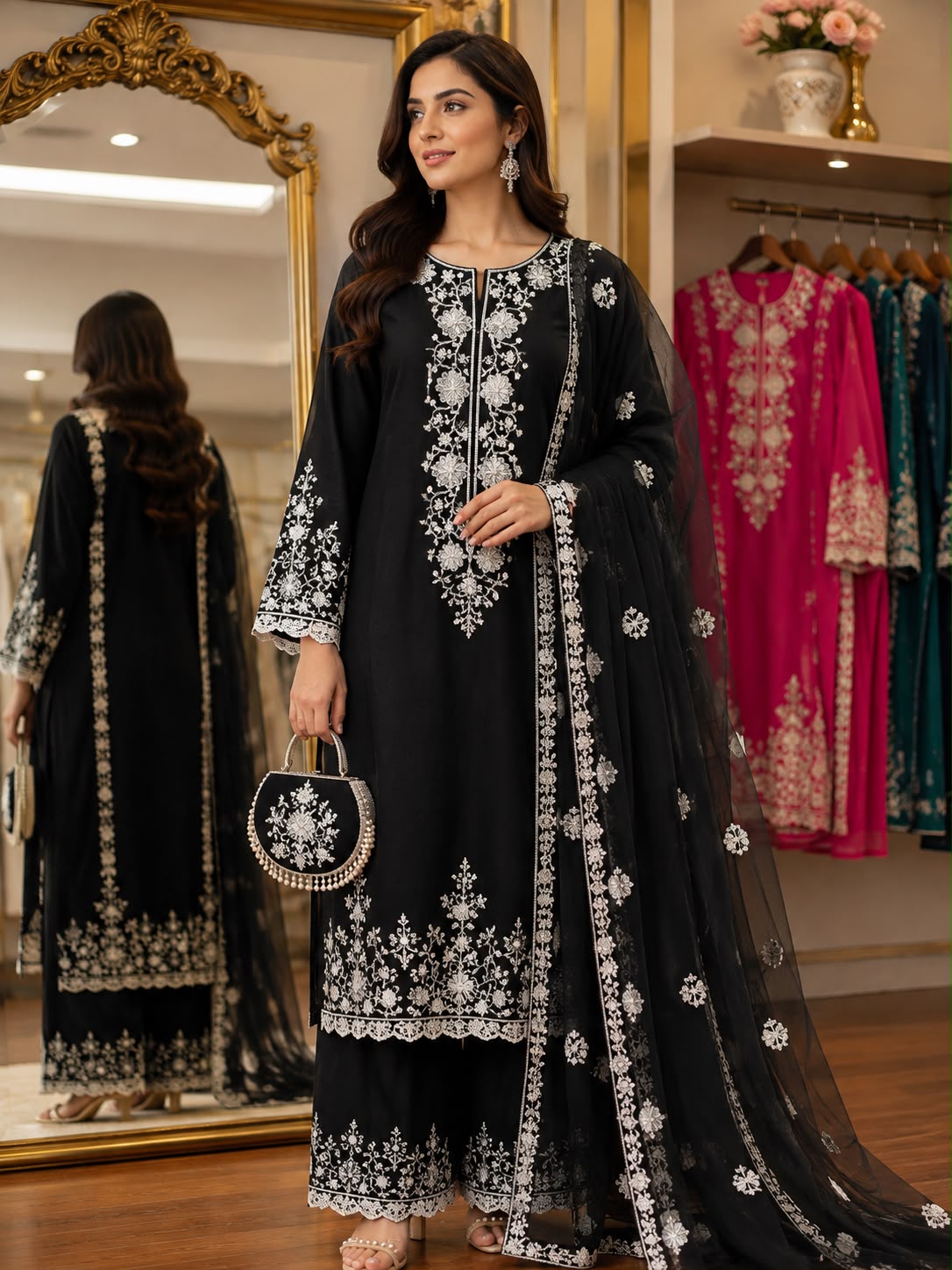 Embroidered Shisha Silk Suit with Matching Evening Pouch