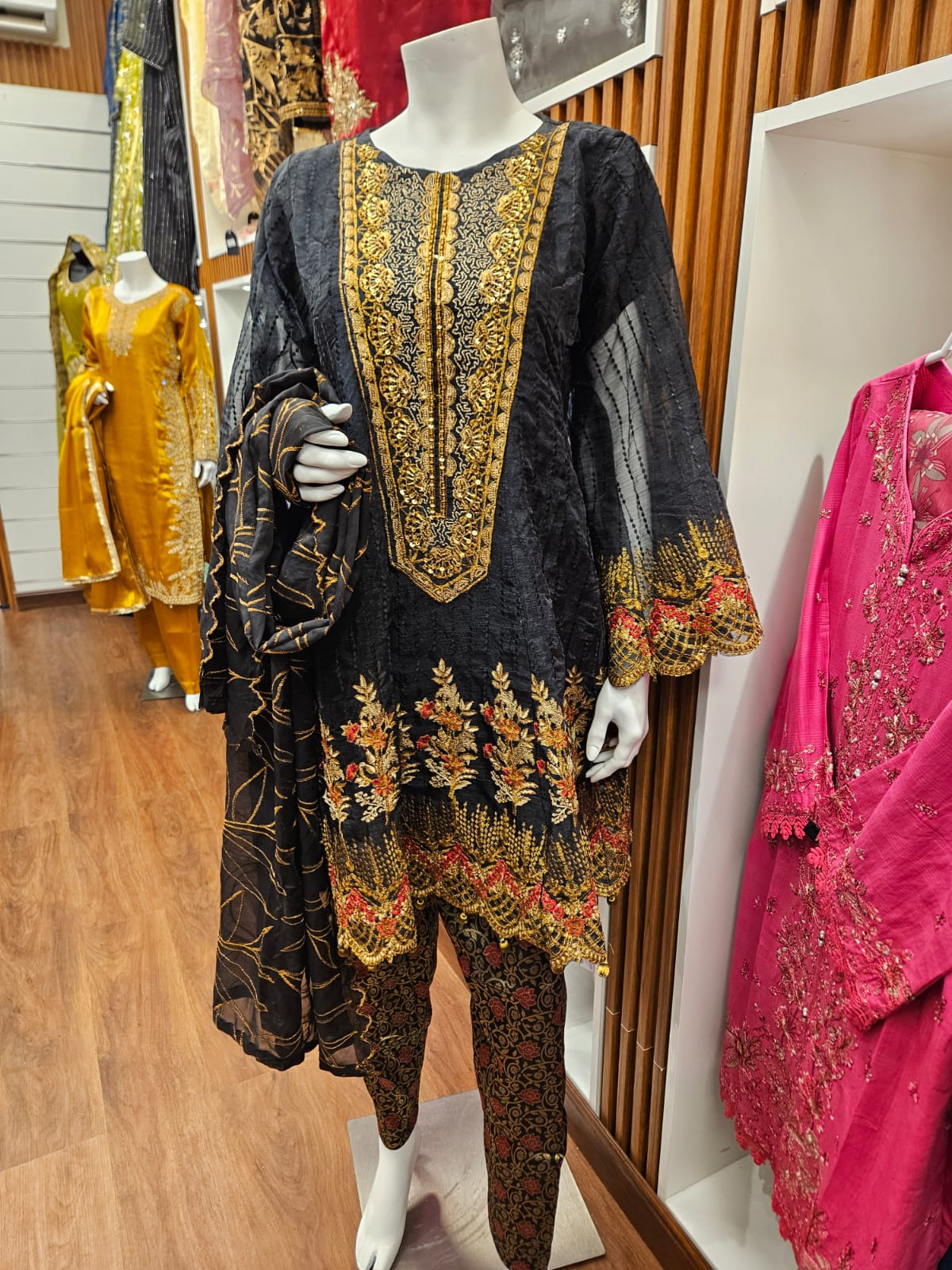 Monochrome Embroidered Organza Frock & Jamawar Set